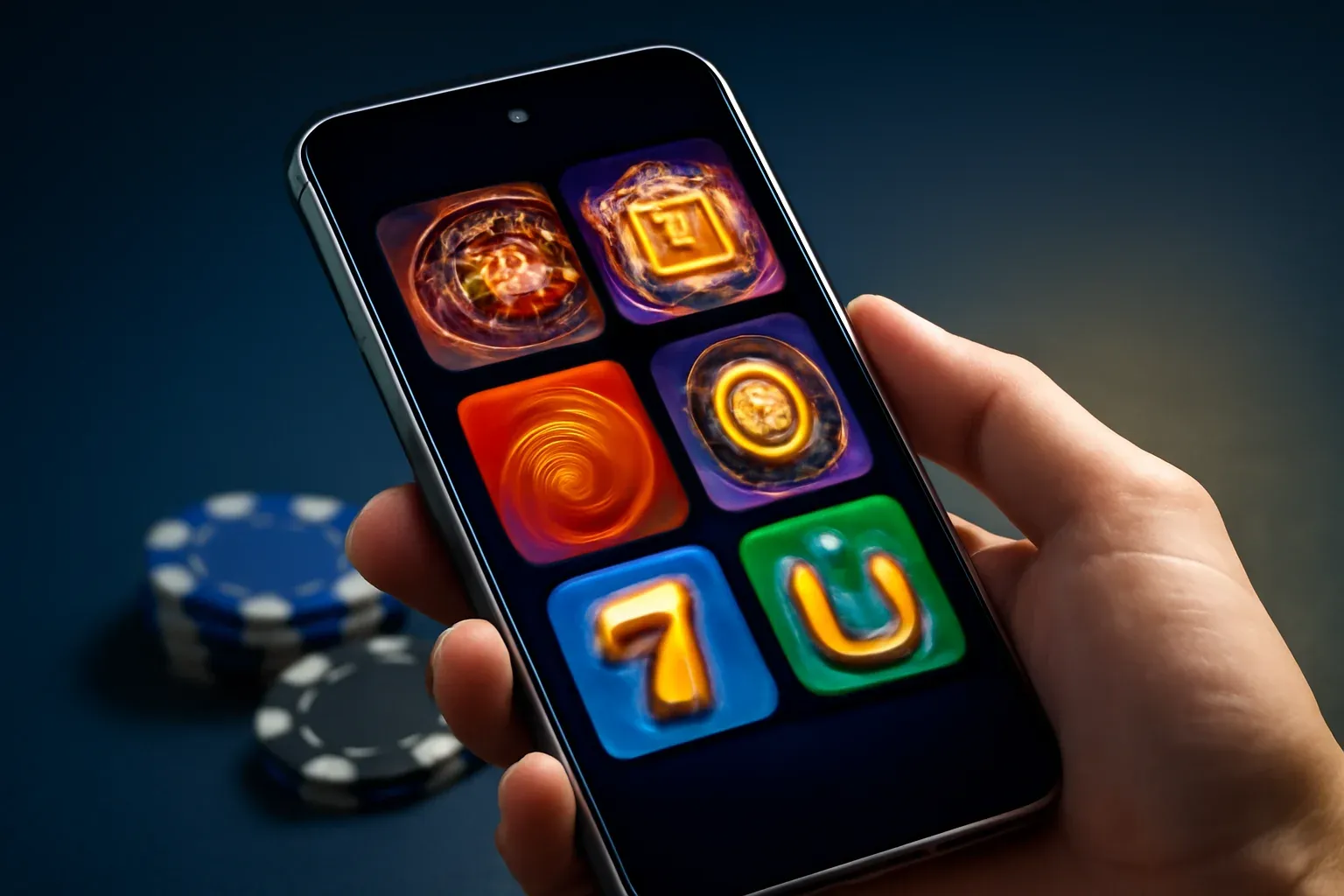 Hyperrealistic photo of flagship Android smartphone displaying vivid casino app with colorful game tiles