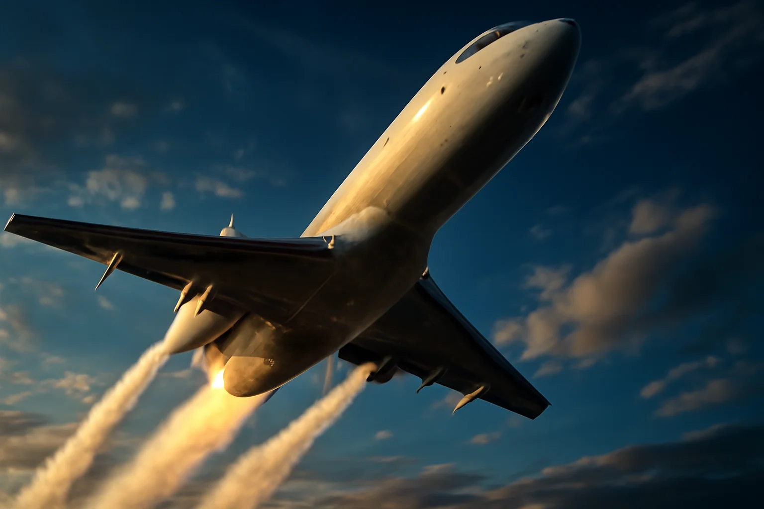 Hyperrealistic cinematic action shot of a sleek white jet climbing steeply upward against a dramatic deep blue sky with scattered clouds and condensation trails