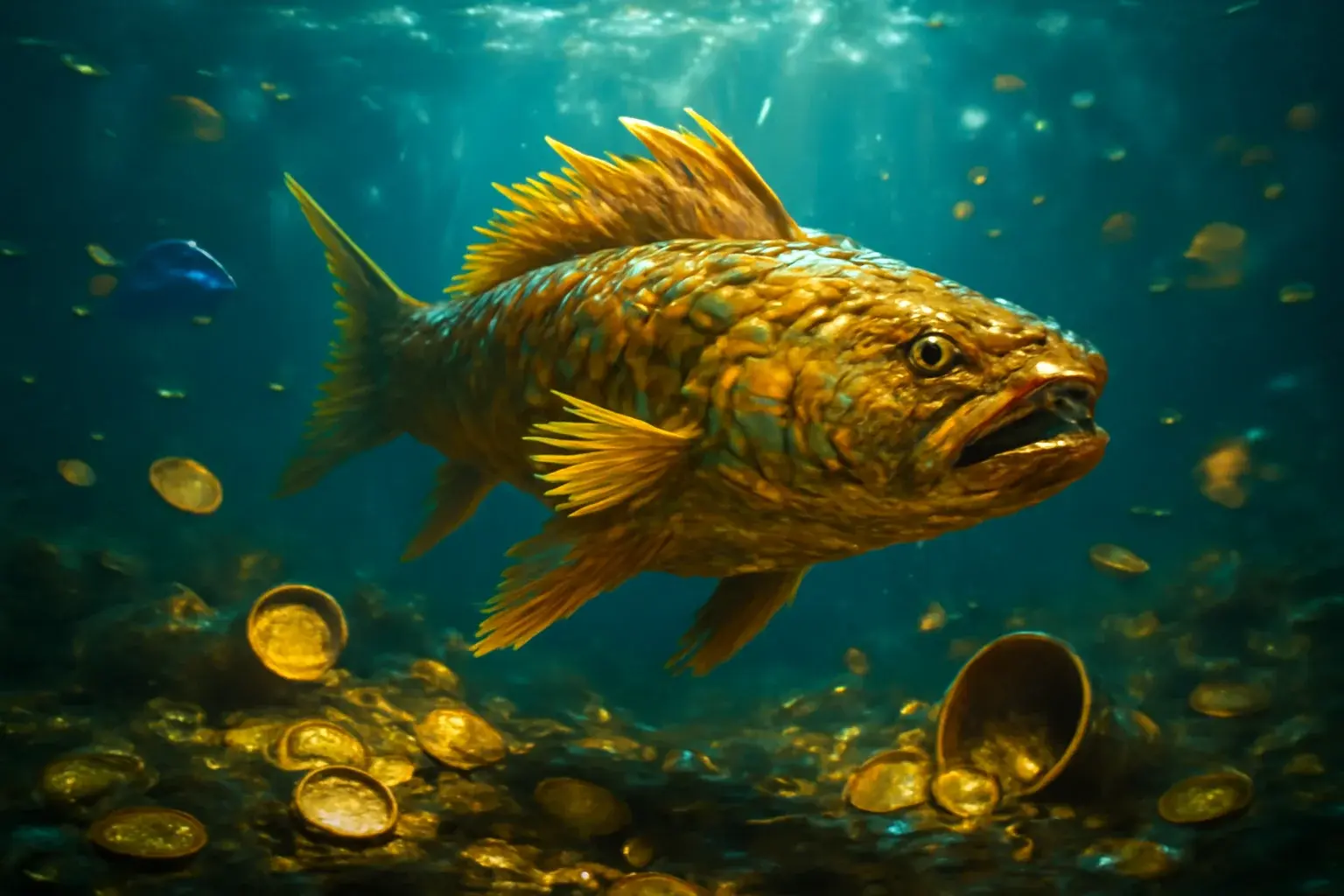 Hyperrealistic underwater scene with golden dragon fish and glowing treasure