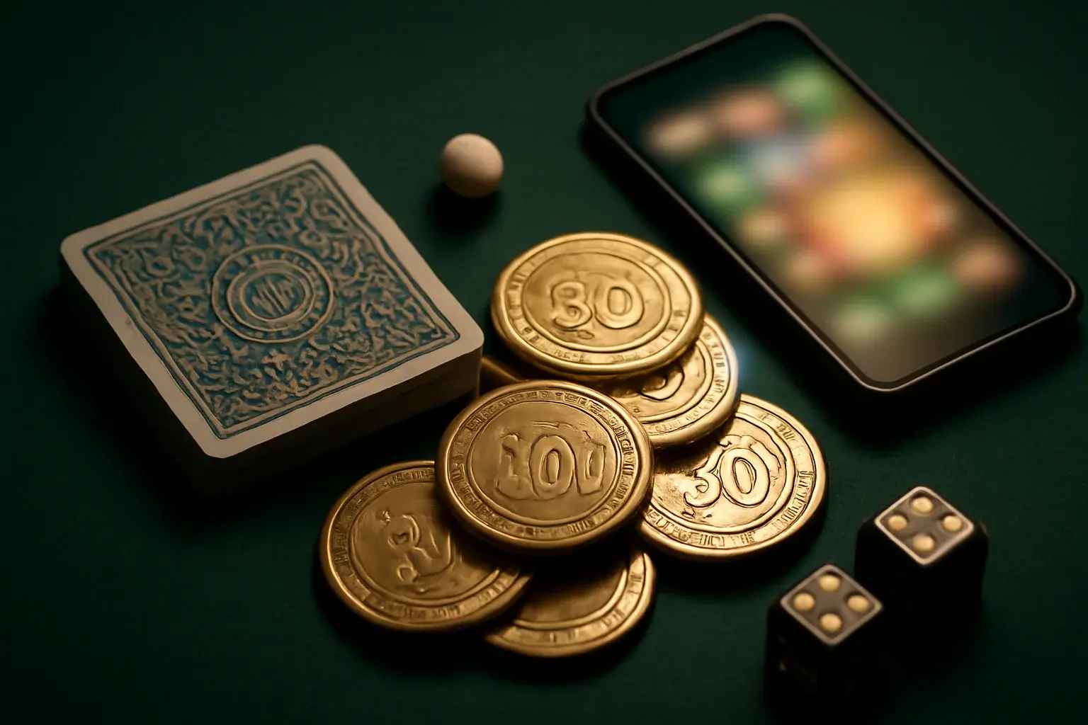 Top-down view of premium casino table with golden chips, playing cards, dice, roulette ball, and glowing smartphone on green felt