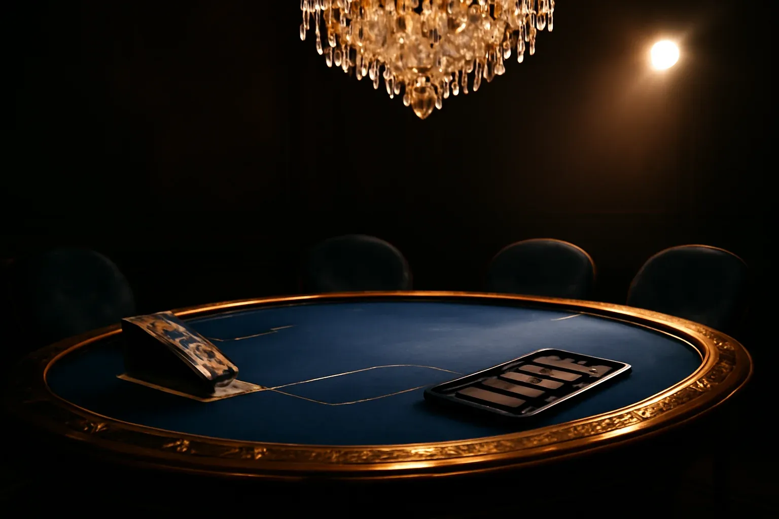 Hyperrealistic wide shot of premium live baccarat studio with blue felt table, gold trim, crystal chandelier, and empty velvet seats