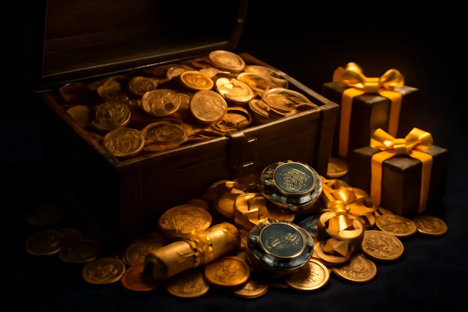 Hyperrealistic treasure chest with golden coins, PHP peso coins, casino chips, bonus vouchers, and glowing gift boxes on dark blue velvet under spotlight