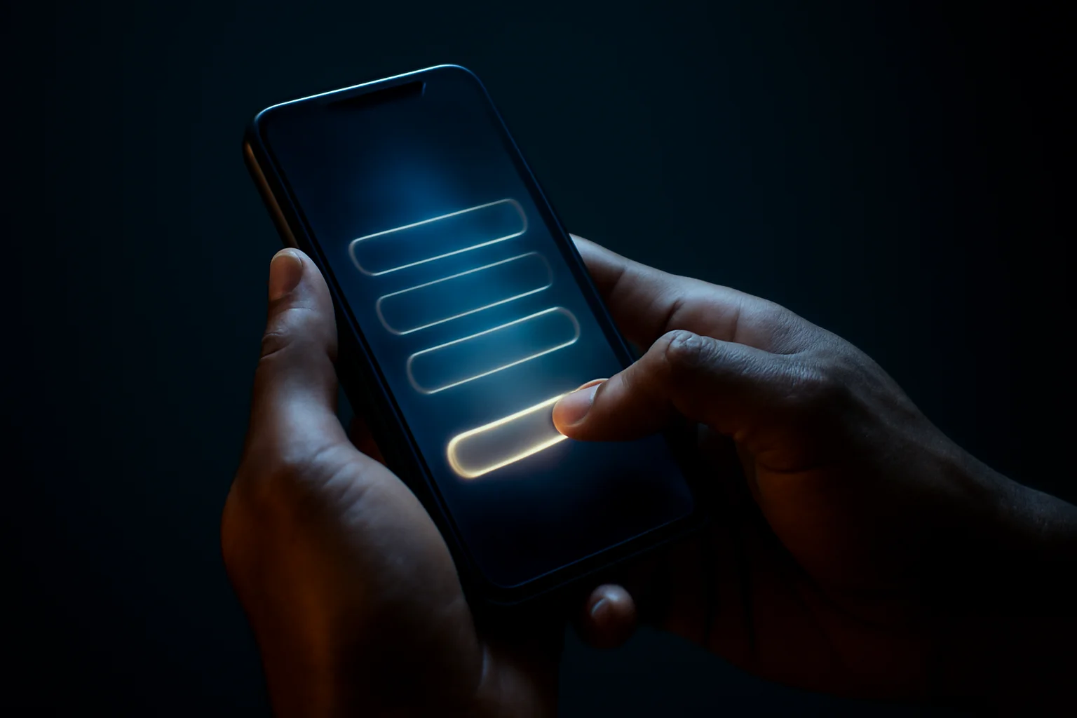 Filipino man's hands holding smartphone with glowing blue and gold registration screen