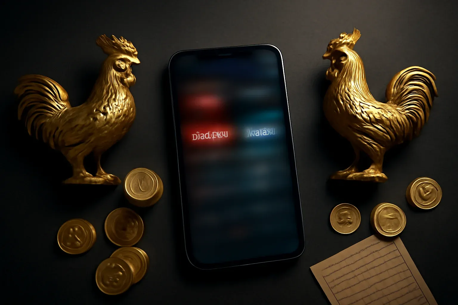 Flagship smartphone showing blurred sabong betting interface with golden rooster figurines and casino chips on dark surface