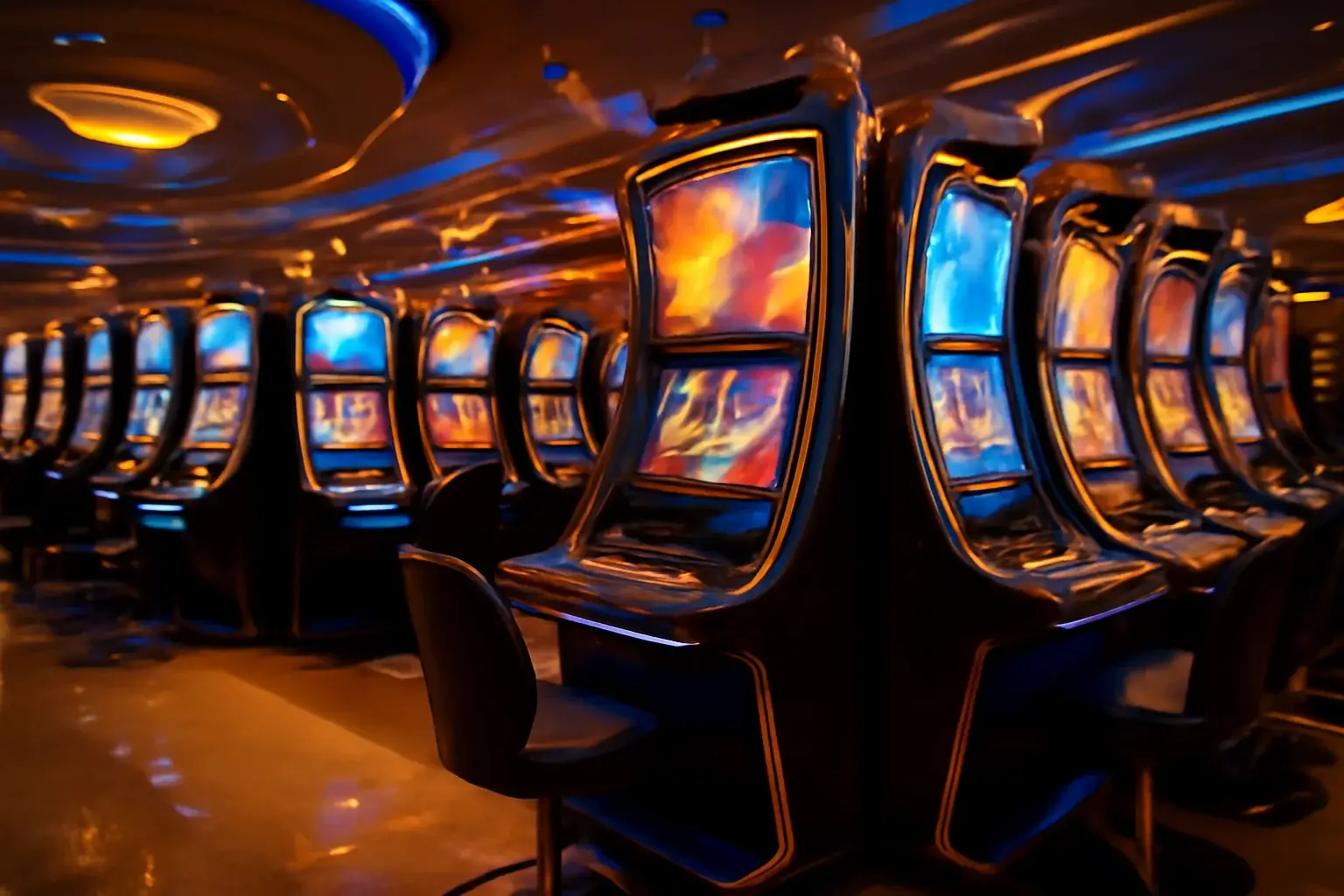 Wide shot of premium Philippine casino slots floor with vivid blue and gold lighting and detailed slot machines