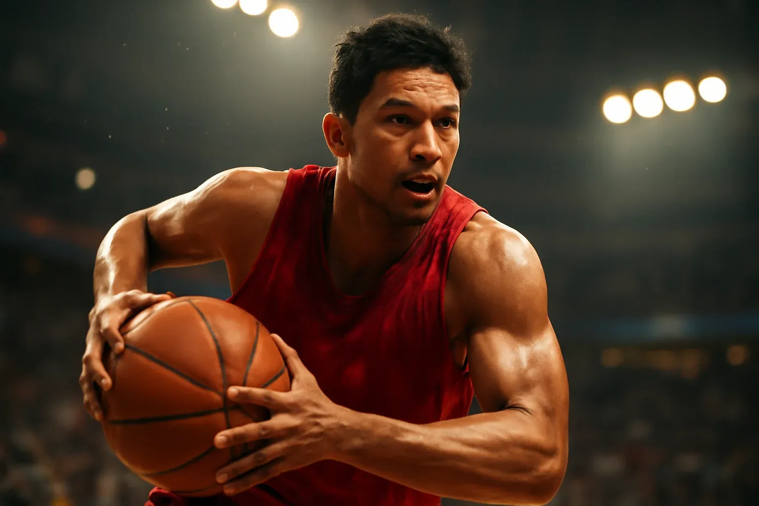 Hyperrealistic close-up of Filipino PBA basketball player mid-air driving to basket with fierce determination and detailed jersey fabric
